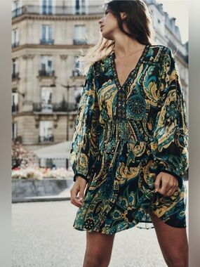 NWOT Zara Printed Balloon Sleeves Mini Dress with Embroidery Velvet Piping